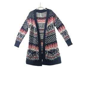Bethany Mota Cardigan Sweater Open Front Fair Isle Knit Pockets Red White Blue S